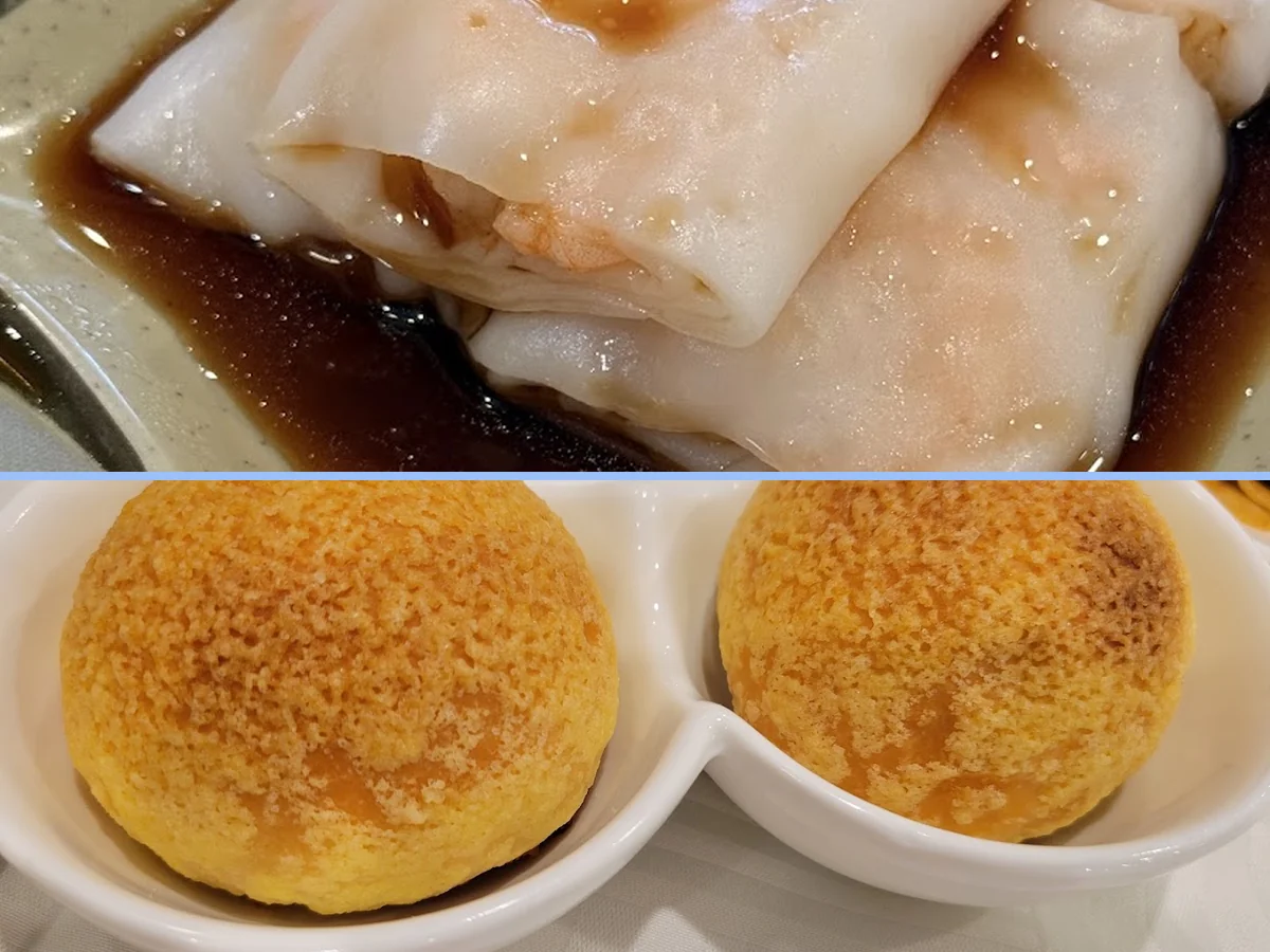 Cantonese seafood dishes arranged on a busy table.
