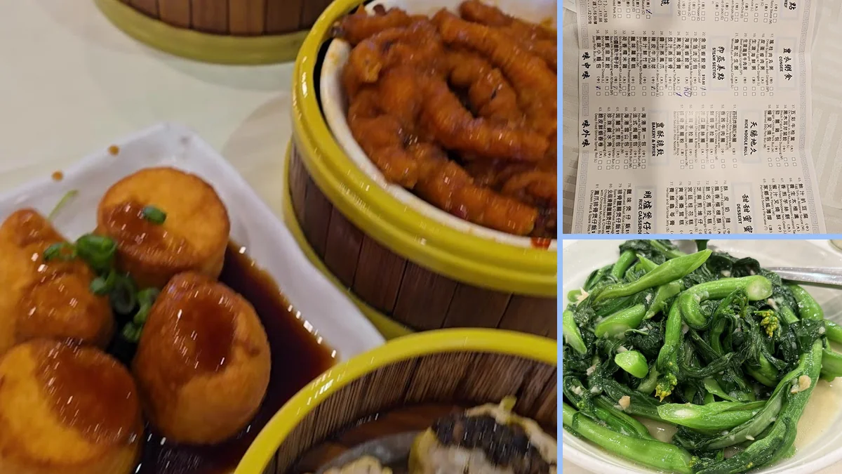 Dim sum tables with white plates and tea cups.